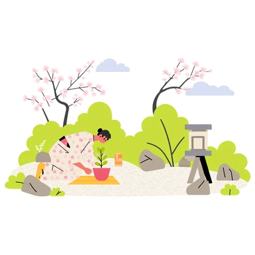 A Japanese zen garden featuring a gravel path with carefully raked patterns. In the center, a person is kneeling on a small mat, planting a young bonsai tree in a terracotta pot. The person wears a traditional kimono with floral patterns. Surrounding the area are various rocks and small shrubs, providing a natural feel. Delicate cherry blossom branches hover above, with a few pink petals gently falling to the ground. A stone lantern stands in the background, partially obscured by greenery. The sky is clear with a few fluffy clouds, adding to the tranquil atmosphere.