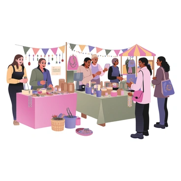 A craft fair scene showcasing multiple artisans engaged in selling handmade jewelry and crafts. On the left, a woman with light skin and long brown hair is standing behind a table filled with colorful beaded necklaces and bracelets. Next to her, a man with dark skin and short hair is displaying wooden carvings and small sculptures on his booth. In the center, a table is adorned with various handmade candles in different shapes and sizes. To the right, a woman with medium skin and curly hair is showing off embroidered fabric items and vibrant tote bags. The background features cheerful banners and colorful tents, with people browsing and interacting throughout the lively atmosphere.