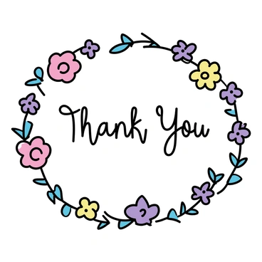 A hand-drawn "Thank You" note in the center with colorful flowers surrounding the edges. The flowers include red roses, yellow daisies, and purple violets, each with detailed petals and green leaves. The note features a simple, elegant font for the text, with a slight curving to match the floral arrangement. The background is plain to highlight the colorful flowers and the text.