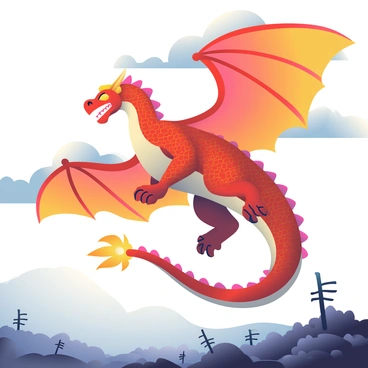 A massive dragon with vibrant red and orange scales that resemble flames is soaring high in the sky. Its wings are large and powerful, stretching wide as it glides through a sky filled with grey ash clouds. The dragon's fierce eyes glow like embers, and its long tail trails behind, flickering with sparks. Below, the silhouette of a barren landscape is visible, with rocky terrain and scattered charred trees. The atmosphere is thick with ash, creating a dramatic contrast against the brightness of the dragon's scales.