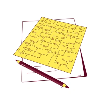 A yellow finished crossword puzzle is displayed on a white sheet of paper. Each square in the grid is neatly filled with black letters, creating a clear and organized pattern. The puzzle features various intersecting words, and some squares have a light pencil mark indicating where answers have been written. A pencil rests next to the puzzle, its tip slightly sharpened and ready for further use.
