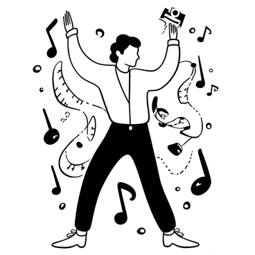 A figure of Michael Jackson stands in a dynamic pose, surrounded by a swirl of various musical notes and snippet lyrics. The notes vary in size and design, creating a fluid motion around him. The lyrics are displayed in different fonts and styles, emanating from his position. The background is filled with a sense of rhythm and energy, enhancing the central figure's presence as he performs.
