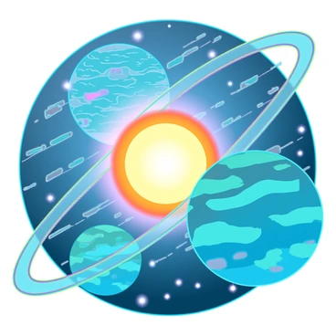 A planetary system with multiple planets of varying sizes, colors, and textures. The sun is a large, glowing star at the center, casting bright light on the surrounding celestial bodies. Planets are in different stages of evolution, with some showing vibrant blue and green surfaces indicating oceans and vegetation, while others are rocky and barren. One planet has prominent rings made of ice and rock debris. The orbits of the planets are depicted as elliptical paths around the sun, subtly shifting in position to illustrate the passage of time. Stars twinkle in the background, providing a sense of depth and vastness to the scene.