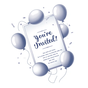 A birthday invitation featuring various balloons scattered throughout the design. The balloons are in various shapes and sizes, each tied with a ribbon. Confetti is sprinkled around the balloons, adding a festive touch to the invitation. The text on the invitation includes phrases such as "You're Invited!" and "Join Us for a Celebration!" in an appealing font. The background is clean and enhances the overall festive theme of the invitation.