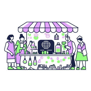 A bustling market stall displaying a mysterious black box among other curiosities