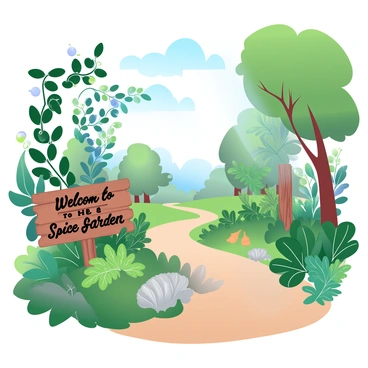 A lush Kerala spice garden filled with a variety of aromatic plants is visible. Tall pepper vines climb trellises, while clusters of cardamom pods can be seen nestled among the green foliage. Nearby, cinnamon trees display their textured, bark-covered trunks. A path, lined with vibrant turmeric plants, winds through the garden. Distinctive ginger plants with their broad leaves are also present. Sunlight filters through the trees, casting gentle shadows on the ground. In the background, a wooden sign reads, "Welcome to the Spice Garden," enhancing the ambiance of the garden.