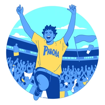 A blue fan with face paint depicting their favorite team's logo is jumping in excitement at a game. The fan is wearing a bright yellow jersey with the team's name emblazoned across the front. Their arms are raised high above their head in celebration, and a wide smile is visible on their face. In the background, a crowd of cheering fans can be seen, some waving flags in the team's colors. A clear blue sky is above, hinting at a sunny day at the stadium.