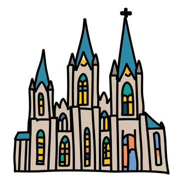 An imposing gothic cathedral with tall spires and intricate stained glass windows. The structure features detailed architectural elements, including arches and flying buttresses. Sunlight streams through the stained glass, casting colorful reflections on the surrounding ground.