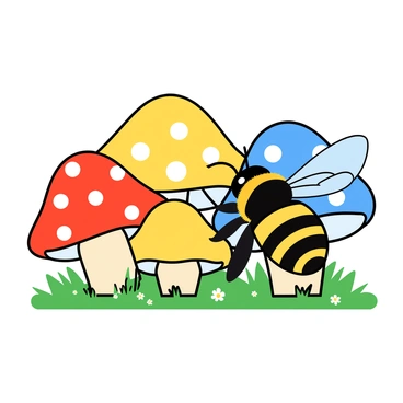 A large carpenter bee with shiny black and yellow stripes is hovering in front of a vibrant cluster of mushrooms. The mushrooms vary in color, showcasing bright reds, yellows, and blues, with some having white polka dots. The bee has large, transparent wings that glimmer in the light. Its fuzzy body contrasts with the smooth surfaces of the mushrooms. The background includes green grass and a few small flowers, creating a playful atmosphere. The scene captures the bee's curiosity as it moves closer to one of the mushrooms, seemingly inspecting its colorful cap.