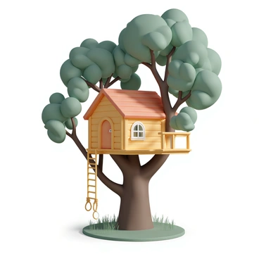 A cozy treehouse made of wooden planks, resting among tall oak trees with green, leafy branches. The treehouse features a small porch with a railing, and a rope ladder hanging down, swaying gently in the breeze. The walls are adorned with small windows that let in sunlight, casting warm shadows inside. The ground below is covered in soft grass, and dappled sunlight filters through the leaves, creating a peaceful atmosphere.