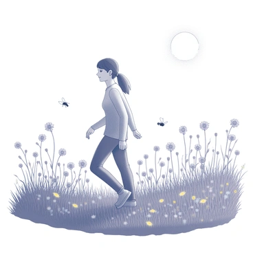A person named "Davies" is walking through a lush meadow. The meadow is filled with tall grass that sways gently in the breeze. Various wildflowers dot the landscape, creating a vibrant scene. Bees are buzzing around the flowers, actively collecting pollen. "Davies" is dressed in casual outdoor clothing, and there is a sense of peacefulness as they stroll. The sun is shining brightly overhead, illuminating the scene.
