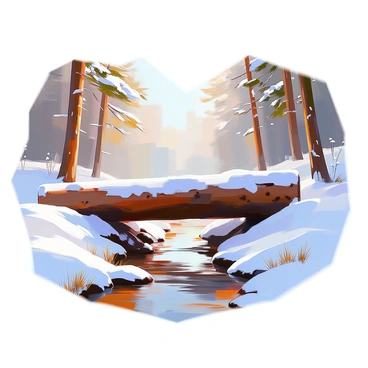 A fallen log rests across a small stream in a forest, creating a natural bridge. The log is blanketed in a layer of fresh, white snow, showcasing its rough texture. Surrounding the log, the forest is filled with tall pine trees, their branches also laden with snow. The water in the stream flows gently beneath the log, reflecting the snow-covered landscape. Small tufts of grass peek through the snow along the banks of the stream, adding a touch of green to the scene. The atmosphere is calm and tranquil, evoking a sense of peacefulness in the winter forest.