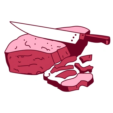 A close-up view of a sharp knife slicing through a piece of tender brisket. The brisket has a rich, juicy texture, with glistening droplets of moisture visible on its surface. The knife appears shiny and precise, cutting through the meat with ease. Shredded pieces of brisket are slightly separated, showcasing the inner marbling and tenderness of the meat.