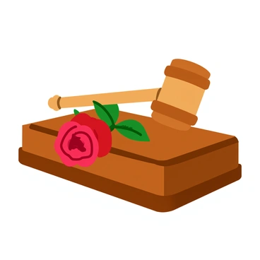 A wooden gavel resting beside a red rose on a polished wooden judge's bench. The gavel is positioned upright, showcasing its detailed craftsmanship, while the rose has delicate petals and vibrant green leaves. The bench has a smooth, rich finish, and there are subtle textures visible on its surface. The scene is illuminated by soft, warm lighting, enhancing the contrasting elements of justice and beauty.