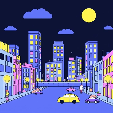 A cityscape at night with tall buildings illuminated by vibrant lights. The skyline features a variety of architectural styles, including modern skyscrapers and classic structures. Street lamps cast a warm glow on the sidewalks below. A few clouds drift across the dark sky, with the moon shining brightly. The scene is bustling with activity, as small figures of people walk along the streets and cars move through the city.