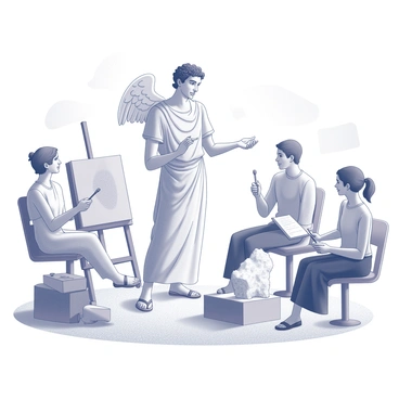A graceful figure representing "Hermes" stands at the forefront, exuding an aura of inspiration. He is depicted with wings on his sandals and a flowing robe, gesturing expressively to a diverse group of "artists" gathered around him. The artists include a painter, a sculptor, and a writer, each engaged in their craft, their faces reflecting focus and determination. The painter holds a brush poised above a canvas, the sculptor chisels diligently at a block of stone, and the writer scribbles notes in a notebook. The scene conveys a sense of creativity and passion, with the artists absorbing Hermes' influence as he shares his wisdom. The background consists of simple outlines of art supplies and an abstract representation of an art studio setting.