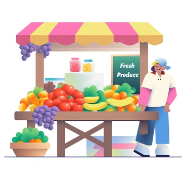 A colorful market stall is overflowing with fresh fruits and vegetables. The stall features a wooden structure adorned with vibrant fabric drapes. On the table, there are piles of ripe red tomatoes, bright yellow bananas, and green leafy lettuce. A basket filled with oranges sits prominently at the front, and there are clusters of purple grapes hanging over the edge of the table. In the background, jars of homemade preserves and a chalkboard sign displaying "Fresh Produce" in white lettering are visible. The scene is bustling with shoppers admiring the produce.