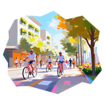 A vibrant city scene illustrating "bicyclists" and "pedestrians" actively engaging in their daily routines. The cyclists, donned in bright helmets and fitted clothing, are riding alongside a tree-lined street, showcasing a variety of bicycles. "Pedestrians" are walking on wide sidewalks, some carrying reusable shopping bags, promoting an eco-friendly lifestyle. The background features modern buildings adorned with vertical gardens and solar panels, emphasizing the city’s commitment to a "cleaner, emission-free environment." Lush greenery and colorful flowers line the walkways, creating a lively and inviting atmosphere.