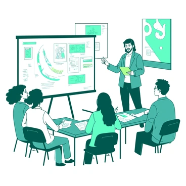 A teal character designer stands in front of a large whiteboard, passionately demonstrating techniques for character creation. The whiteboard is filled with sketches and notes illustrating various design concepts, using a mix of vibrant colors. Students, depicted in various poses of focus and curiosity, are seated at tables with sketch pads and pencils, attentively watching the teacher. The room is bright and well-lit, with character design posters adorning the walls, enhancing the creative atmosphere. The scene captures the dynamic interaction between the teacher and students as they engage in the process of character development.