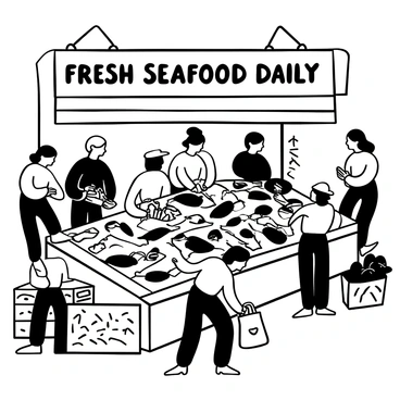 A bustling fish market filled with a variety of fresh seafood displayed on concrete counters. There are different types of fish, including whole fish and fillets, all arranged neatly. Shoppers are actively browsing, some examining the products while others are holding bags filled with purchases. There are crates stacked with additional seafood items nearby, creating a lively atmosphere in the market. A large sign hangs overhead with the words "Fresh Seafood Daily" prominently displayed.