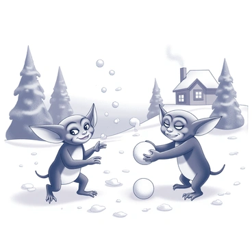 Two gremlins having a playful snowball fight in a winter wonderland.