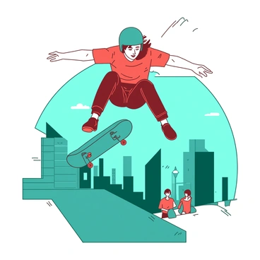 A red skateboarder with a focused expression is mid-air, executing a flip trick above a teal skateboard. The skateboarder is wearing a teal helmet and a red t-shirt, showcasing their dynamic movement. Below, a teal cityscape features buildings with sharp lines and a clear blue sky in the background. A few spectators in the urban setting are watching the skateboarder, adding life to the scene. The overall composition highlights the thrilling energy of skateboarding in an urban environment.