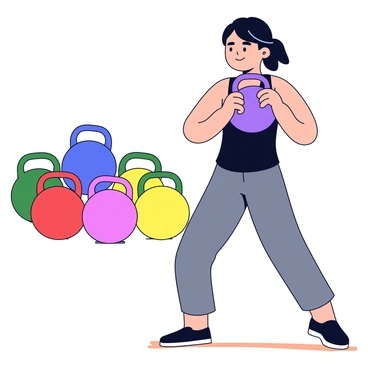 A collection of colorful kettlebells with a person demonstrating a goblet squat