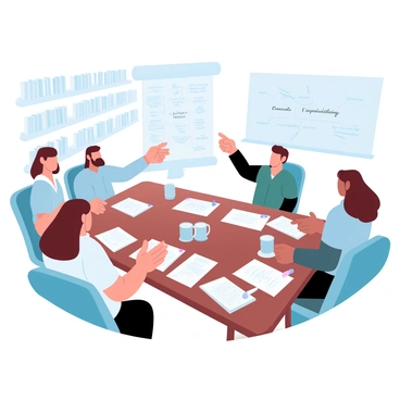 A group of five individuals is seated around a large wooden table covered with sheets of paper, notebooks, and colorful markers. Each person is engaged in discussing various ideas, with one individual pointing towards a large sheet that has several handwritten notes and sketches. The room is filled with bookshelves that are stocked with books of different genres. A whiteboard in the background displays a mind map of concepts for the book series, with arrows connecting different ideas. A coffee pot and mugs are placed on the table, suggesting a casual and collaborative atmosphere.