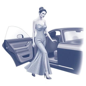 A woman in a sparkling evening gown is stepping out of a luxury car. The gown features intricate beading and a flowing silhouette that drapes elegantly as she moves. The car has sleek lines and a polished surface, reflecting the surrounding environment. The woman’s hair is styled in an elegant updo, and she wears minimal accessories that complement her outfit. Her expression is confident as she prepares to step onto the pavement.