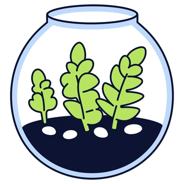 A close-up of a glass terrarium with a rounded shape. The terrarium is filled with vibrant green miniature ferns, each showcasing delicate fronds. The glass surface reflects light, creating small glimmers around the edges. The soil inside is dark and appears rich, contrasting with the bright greens of the ferns. Small pebbles are scattered at the base, adding texture to the scene.