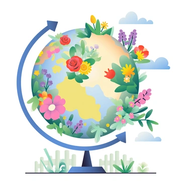 A garden shaped like a globe is filled with vibrant flowers and plants from various regions of the world. The globe is divided into sections representing different continents, each showcasing unique floral arrangements. Bright red roses and sunny yellow daisies bloom in the North America section, while the South America area features colorful orchids and lush greenery. The Europe section is adorned with delicate lavender and cheerful tulips. The African continent displays exotic plants like succulents and vibrant marigolds. In the Asia section, cherry blossoms and bamboo create a serene atmosphere. The garden is surrounded by a white picket fence, and a blue sky with fluffy white clouds creates a cheerful backdrop.