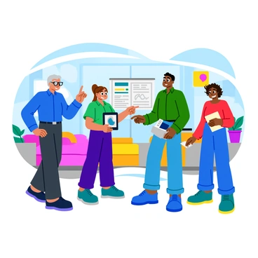 A diverse group of workers standing together, showcasing a mix of ages and ethnicities. One worker is an elderly man with gray hair and glasses, reviewing documents. A middle-aged woman with brown hair, wearing a blue shirt, points to a digital tablet displaying project plans. A young man with short black hair, wearing a green shirt, takes notes in a notebook, while a woman in her twenties with curly hair and a red top is sketching ideas on a whiteboard. The setting is a bright, modern workspace with large windows and colorful decorations.