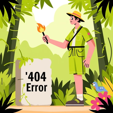An explorer in a jungle discovering a stone tablet with '404 Error' inscribed
