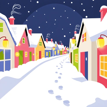 A snowy street in a village with cozy cottages and glowing street lamps