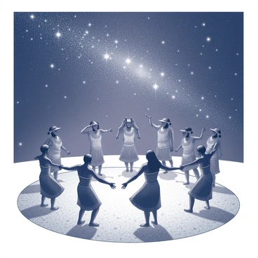 A gathering of individuals engaging in a tribal ceremony. They are positioned in a circular formation, with their bodies in motion, creating dynamic dancing silhouettes. The participants are adorned in traditional attire, with intricate patterns and accessories, enhancing their cultural expression. Above them, a vast night sky is filled with countless stars, twinkling brightly against a dark backdrop. The ground beneath their feet is uneven and textured, implying a natural setting. The scene conveys a sense of unity and celebration among the dancers, with the night sky serving as a majestic canopy.
