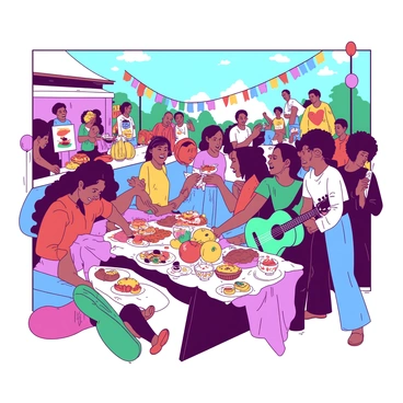 A vibrant scene depicting a colorful community festival filled with people of all backgrounds. In the foreground, a group of individuals is gathered around a large table loaded with an array of delicious food items, including fruits, pastries, and local dishes. Nearby, a musician is playing a teal guitar, while others dance joyfully to the lively music. Colorful decorations, such as banners and balloons, adorn the area, creating an atmosphere of celebration. In the background, there are people engaged in various activities, such as painting, sharing stories, and enjoying each other's company under a bright blue sky.