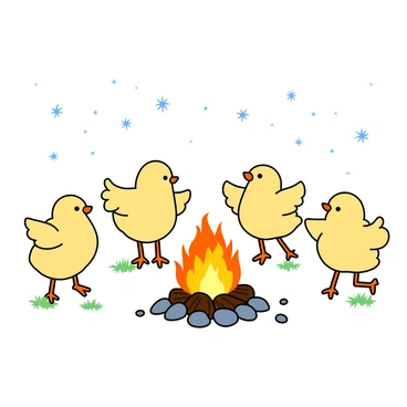 A group of five colorful chicks, each with fluffy feathers in shades of yellow, orange, and light brown, is joyfully dancing around a small bonfire. The bonfire has vibrant orange and yellow flames licking upward, surrounded by scattered pebbles. Above them, a clear night sky is filled with twinkling stars, creating a magical atmosphere. The chicks are in various playful poses, one is hopping, another is flapping its wings, while a third chick is twirling. Small patches of green grass are visible beneath their tiny feet, adding to the lively scene.