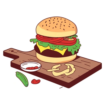 A gourmet burger is stacked high with fresh toppings including crisp lettuce, juicy tomato slices, and melted cheese. The bun is toasted to a golden brown. The burger is placed on a rustic wooden board, which has a small dish of ketchup beside it. Surrounding the burger are a variety of colorful garnishes, including pickles and onion rings, adding to the presentation. The scene is well-lit, emphasizing the fresh ingredients.