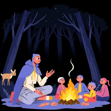 An outsider wearing a long cloak sits cross-legged on the ground next to a crackling campfire. The fire illuminates their face, creating shadows that dance across their features. The surrounding dense forest is filled with tall, dark trees that stretch up into a starry night sky. Various animals, such as a curious deer and a fox, peek from behind the trees. The outsider gestures animatedly with their hands as they tell stories, while a few captivated listeners, including children, sit around the fire with wide eyes, entranced by the tales being spun. Wisps of smoke rise from the fire and glow against the night, adding to the enchanting atmosphere.