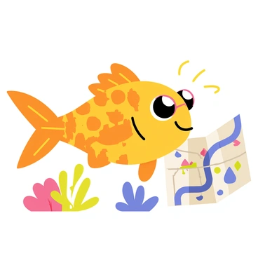 A cute fish with vibrant orange and yellow scales is wearing tiny round spectacles perched on its nose. The fish is positioned in the center of the image, holding a colorful map with its fin. The map features a winding blue river and various landmarks illustrated in bright colors. Surrounding the fish are colorful coral formations and small bubbles rising to the surface, creating a lively underwater scene.