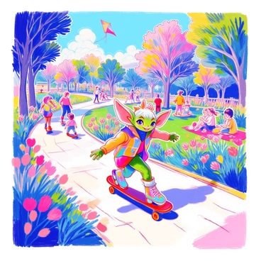 A gremlin joyfully roller-skating in a lively park filled with people.