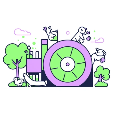 A whimsical hamster wheel playground is situated in a pet park. The playground features a large, colorful hamster wheel prominently in the center, surrounded by various structures for climbing and exploring. Playful animals are scattered throughout the scene, including a small dog with a wagging tail chasing a butterfly, and a cat playfully perched on a climbing frame. Nearby, a group of rabbits hops around, while a few birds are perched on the edges of the playground, observing the activity. In the background, there are trees providing shade and a clear sky.