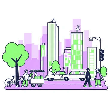 A bustling city scene filled with activity. Tall skyscrapers tower over the streets, featuring large glass windows that reflect the surroundings. Multiple cars are driving along the road, some stopping at traffic lights. Pedestrians are walking on the sidewalks, carrying bags and engaged in conversation. A street vendor with a cart is at the side of the road, serving food to customers. Nearby, a bike is parked against a light pole, and a tree with green leaves provides a touch of nature amidst the urban environment.
