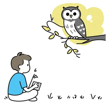An owl with large, round eyes and intricate feather patterns sits on a low branch of a leafy tree. Below the tree, a child with short brown hair and a blue shirt is sitting cross-legged on the grass, looking up at the owl with curiosity. The child has a notebook and a pencil in hand, ready to take notes. Sunlight filters through the leaves, creating dappled patterns on the grass. The owl is gesturing with one wing as if explaining something to the child.