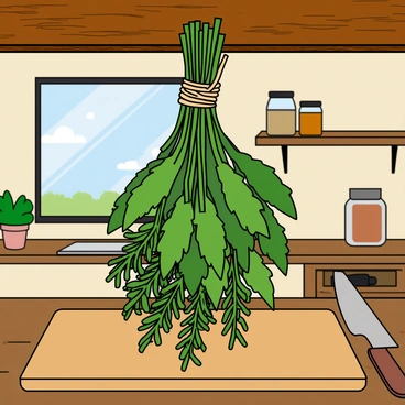 A fragrant bundle of fresh herbs hanging to dry in a rustic kitchen