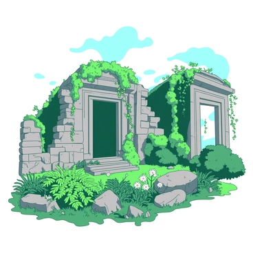 A duotone illustration of "mysterious ancient ruins" is depicted on a "9x12 illustration board." The ruins feature large, weathered stone structures partially hidden by "lush green vegetation" that has overtaken the intricately carved walls. Vines are cascading down from the top of the structures, intertwining with the stones. In the foreground, vibrant ferns and wildflowers bloom amidst the crumbling stones, adding to the sense of forgotten history. The sky above is filled with "soft wisps of clouds," hinting at a slightly overcast day, creating an atmosphere of intrigue around the ancient site.