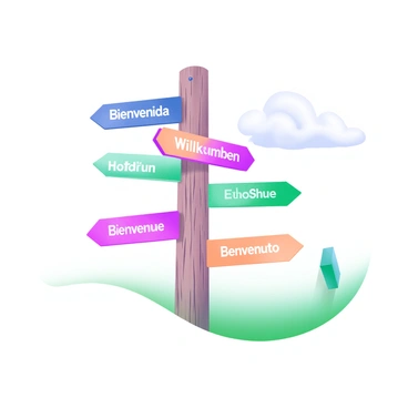 A tall signpost made of wood with multiple arrows extending outward in various directions. Each arrow is labeled with a different word for "welcome" in different languages, such as "Bienvenida," "Willkommen," "Bienvenue," and "Benvenuto." The arrows are colorful, with each language represented in a distinct shade. The signpost is set against a soft, pastel sky with fluffy clouds, creating a calm and inviting scene.