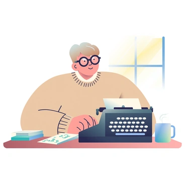 An author with light brown hair and glasses is sitting at a wooden desk, passionately typing a novel on an old typewriter. The typewriter is black with silver keys, and sheets of white paper are stacked neatly beside it. Sunlight is streaming through a nearby window, casting a warm glow on the scene. The author is wearing a cozy, beige sweater and has a focused expression on their face. On the desk, there are scattered papers with handwritten notes and a steaming mug of coffee sitting on the side.
