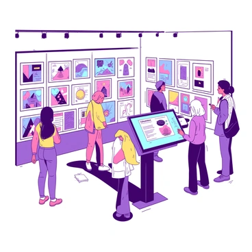 A virtual gallery is filled with numerous illustrations created by students. The walls of the gallery are adorned with various framed artworks. Each illustration features a different style and theme, showcasing the creativity of the students. In the center of the gallery, there is a digital information kiosk displaying details about the exhibition. Visitors are seen interacting with the kiosk and observing the illustrations on the walls, taking notes and discussing the artworks. Bright lights illuminate the gallery, creating a vibrant atmosphere.
