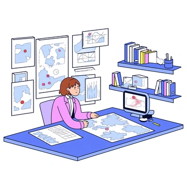 A geologist sits at a large table in a laboratory, surrounded by various geological maps and data charts. The geologist has short brown hair and is wearing a lab coat. They are focused on a specific map that shows earthquake epicenters, with red dots indicating the locations. Nearby, there is a computer displaying graphs and seismic activity data. The walls of the lab are adorned with framed geological diagrams and posters. A bookshelf in the corner holds several geological reference books and tools.